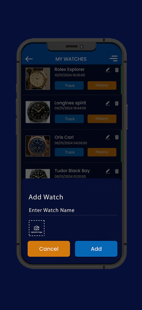 Watch Accuracy Checker - Die Benutzeroberfläche der Watch Accuracy Checker App zeigt die Liste 'Meine Uhren' und ein Overlay 'Uhr hinzufügen' zur Eingabe eines Uhrennamens und zum Hochladen eines Bildes