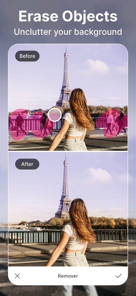 BeautyUp－AI Face & Body Editor - Comparación de antes y después de eliminar personas de una foto de viaje usando el Removedor IA de BeautyUp.