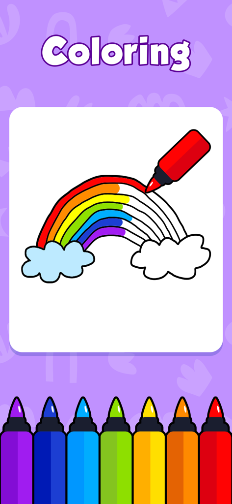 Baby Coloring book for Kids 3y - Una interfaz de libro de colorear digital que muestra un arcoíris siendo coloreado con un marcador rojo y una fila de bolígrafos de colores en la parte inferior.