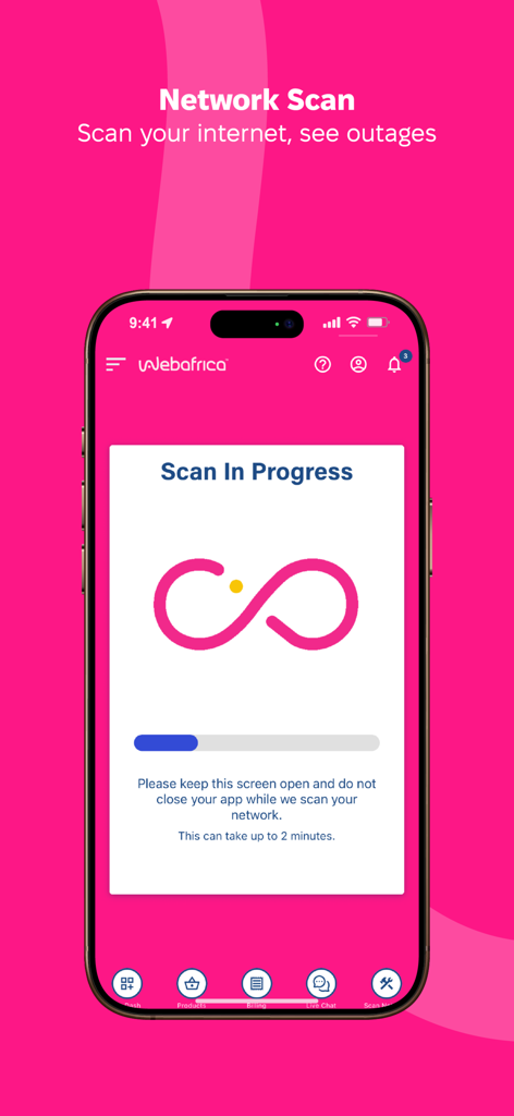 Webafrica app - Webafrica app network scan feature showing an internet health check in progress.