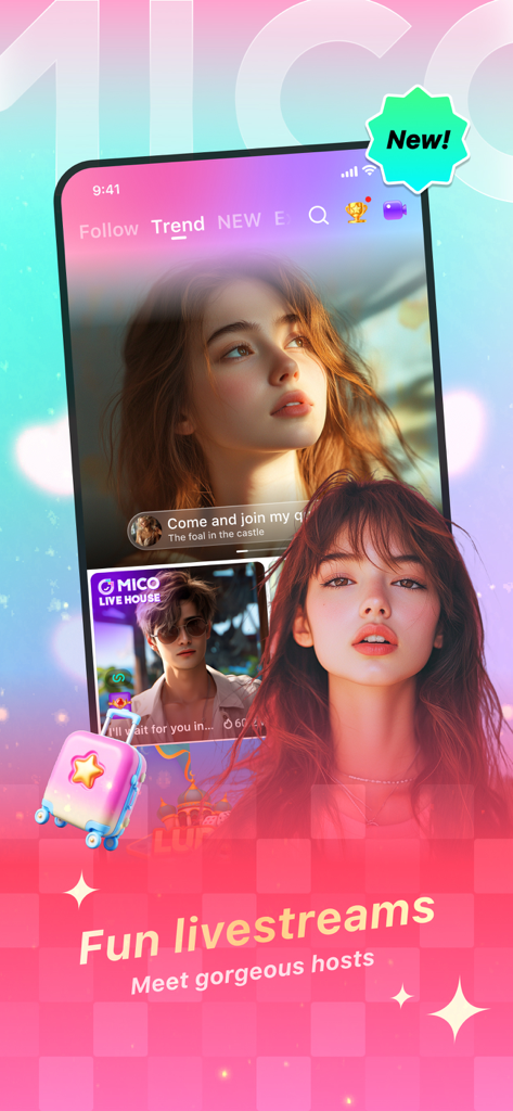 MICO app interface featuring trending live streams and attractive hosts for social interaction.