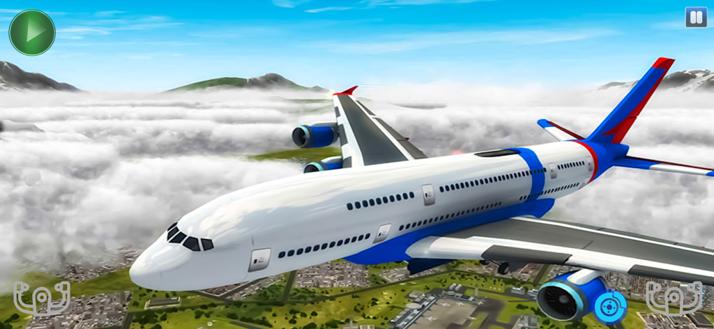 Passenger Aeroplane Fly Games - A passenger airplane flying through clouds above a city landscape in a mobile flight simulator game