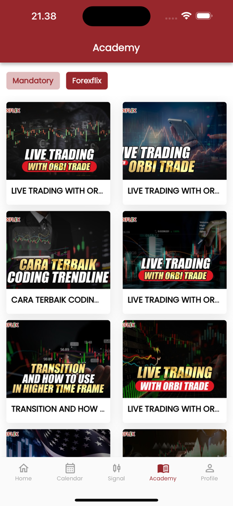 Orbi Trade App - Orbi Trade App Academy screen with a grid of educational trading video thumbnails