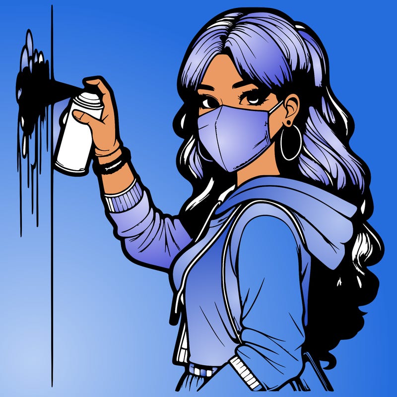 realistic girl with mask spray painting a wall