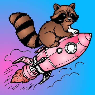 realistic raccoon flying on top rocket ship