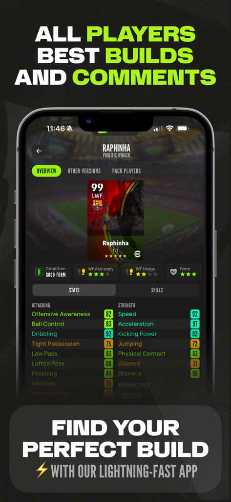 eFootBase mobile app interface displaying detailed soccer player stats and attributes