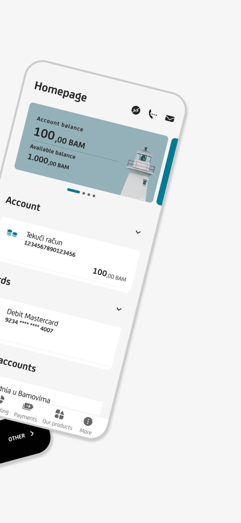 m-ba - m-ba mobile banking app homepage showing account balances in BAM and debit card details