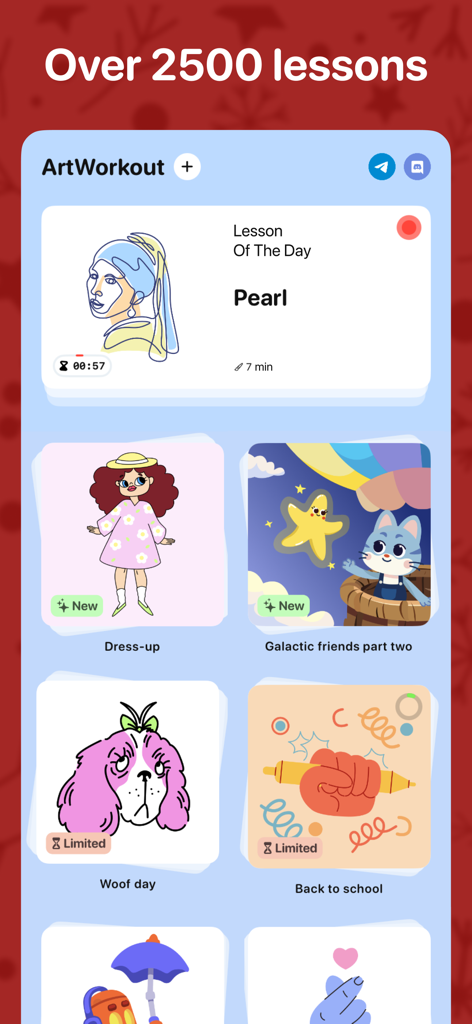 Interfaccia dell'app ArtWorkout che mostra una varietà di lezioni e tutorial di disegno per diversi livelli di abilità.