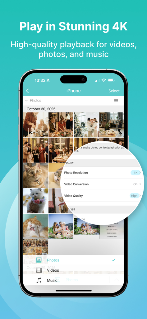 TV Cast: Nero Streaming Player - Interface de l'application Nero TV Cast montrant la résolution des photos 4K et les paramètres de haute qualité vidéo pour le streaming.
