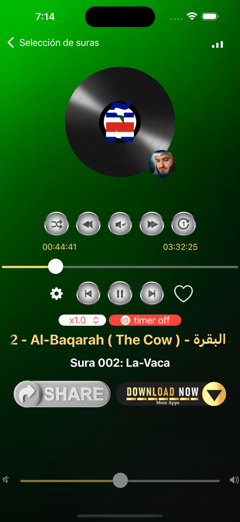 Interfaz del reproductor de audio de la aplicación Corán en Español reproduciendo la Sura 002 La Vaca.