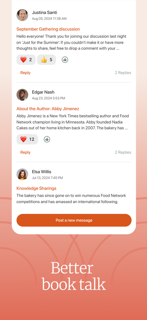 Community message board interface in the Bookclubs app showing member discussions and book talk.