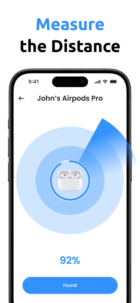 92パーセントの信号強度で紛失したAirPods Proへの距離を測定するFind My Podsアプリのレーダーインターフェース。
