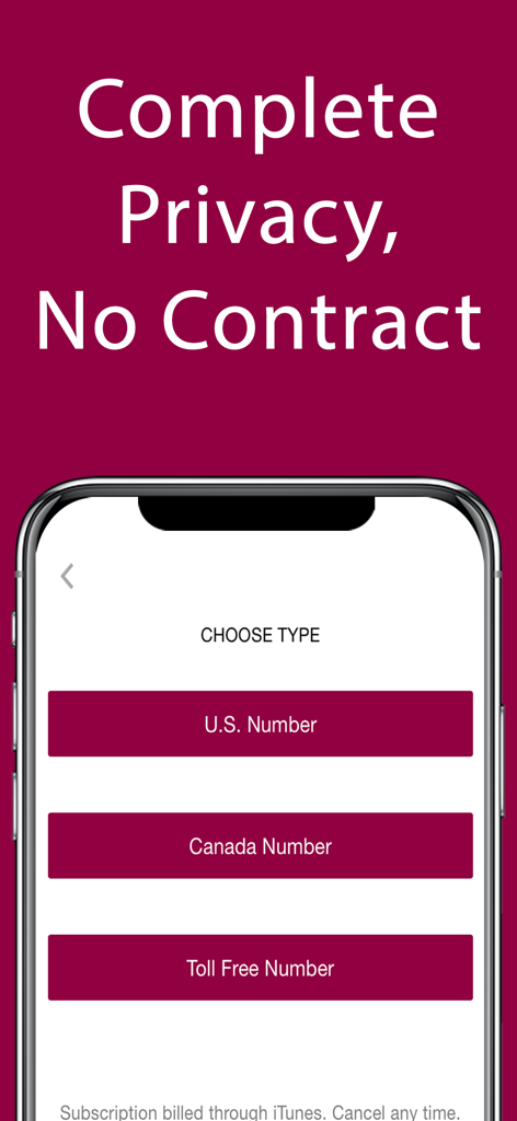 iPlum: Business Phone Number - iPlum app screen for selecting a U.S., Canada, or Toll Free business phone number