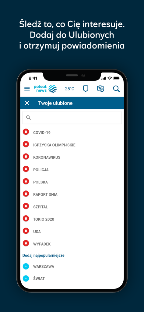 Polsat News - Smartphone screen showing the Polsat News app favorite topics list for personalized notifications