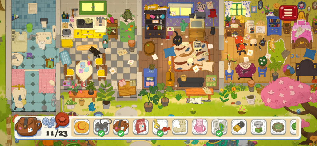 LittleAdventurerTreasureHunt - Un nivel de juego de objetos ocultos dibujado a mano que muestra una casa acogedora con gatos y una lista de elementos para encontrar