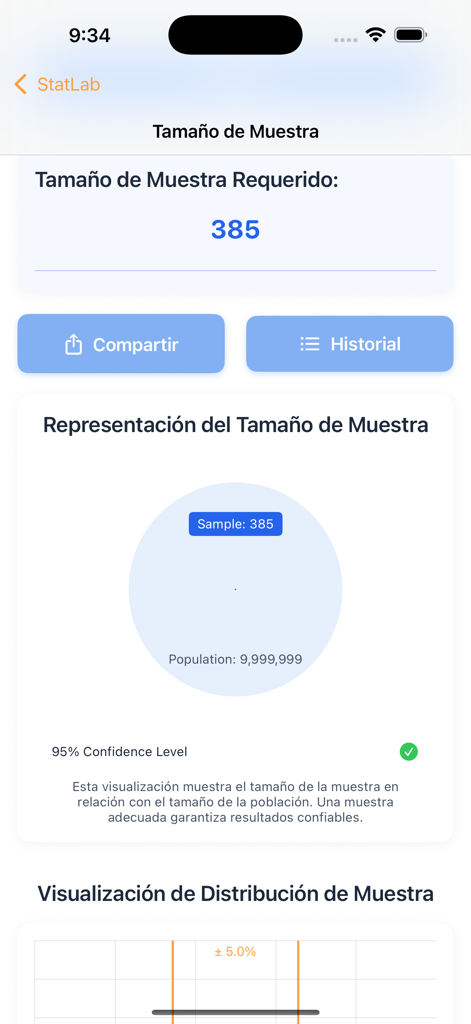 StatLab - Pantalla de la aplicación StatLab que muestra un tamaño de muestra calculado de 385 con una representación visual de la muestra en relación con la población.