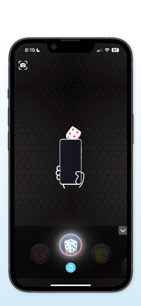 Dice Roller 3D app screen showing shake to roll instruction and various 3D dice selection.