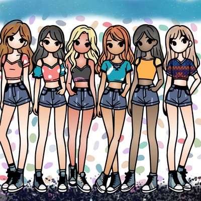 a group of girls wearing crop tops and shorts