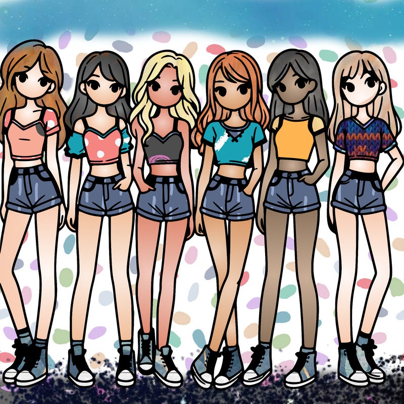 a group of girls wearing crop tops and shorts