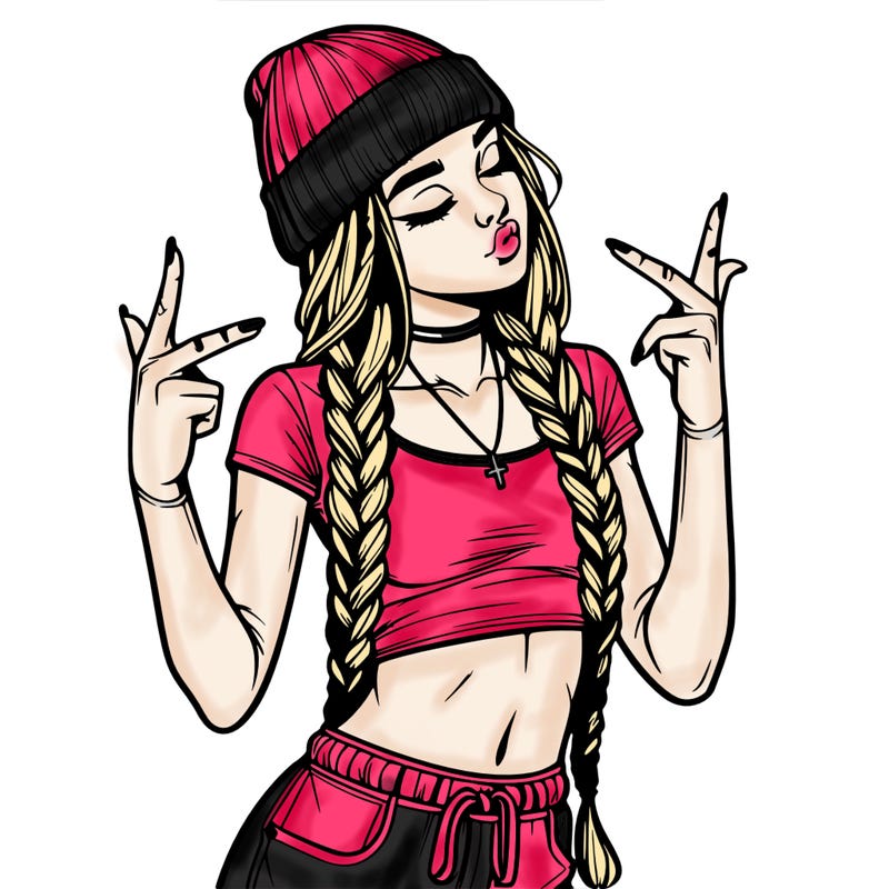 realistic teenage girl with braids and a beanie and crop top doing 🫶🏼