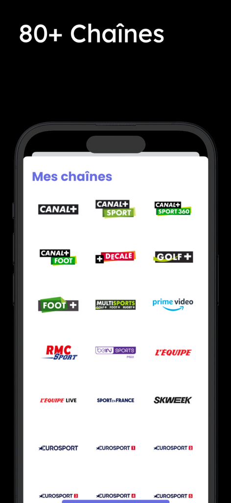 TV Sports - programme sportif - Écran de smartphone montrant une grille de logos de chaînes sportives dans l'application TV Sports