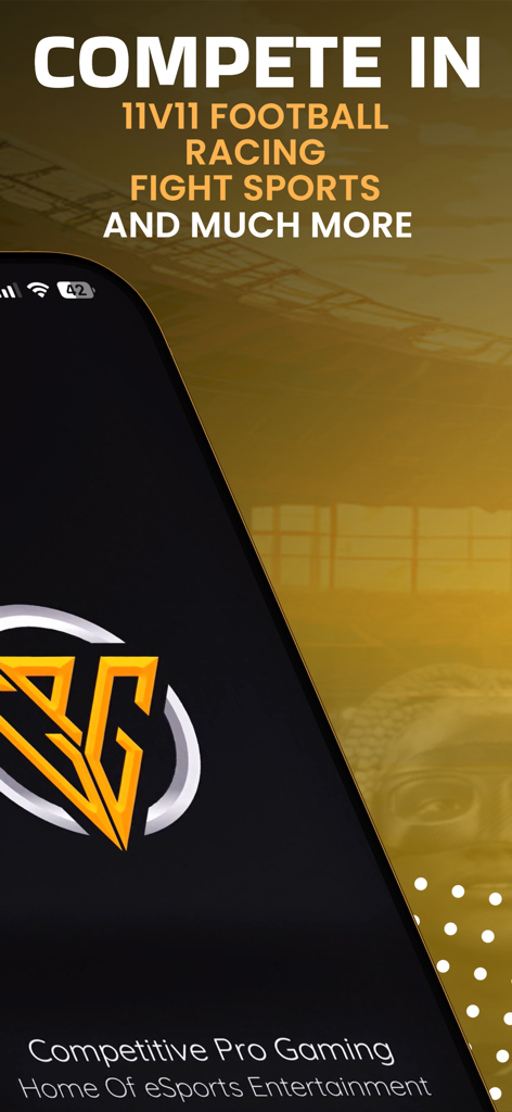 CPG - Competitive Pro Gaming - CPG app home screen showing competitive eSports tournaments for football racing and fight sports