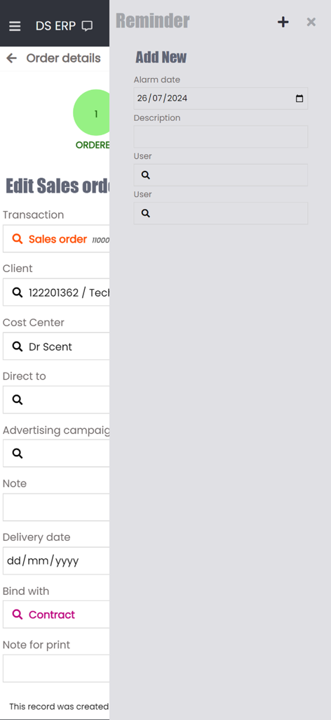 Adding a new reminder on the sales order screen in DS ERP System