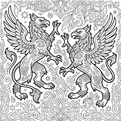 Step into a realm of myth and majesty with this stunning heraldic griffins coloring page. Featuring two magnificent beasts amidst intricate patterns, it promises an engaging and detailed artistic journey.