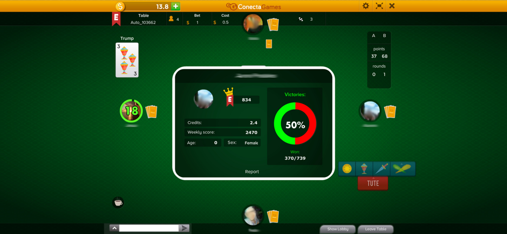 Une fenêtre de profil de joueur dans Tute by ConectaGames montrant un taux de victoire de 50 % et des statistiques de jeu sur une table de cartes verte.