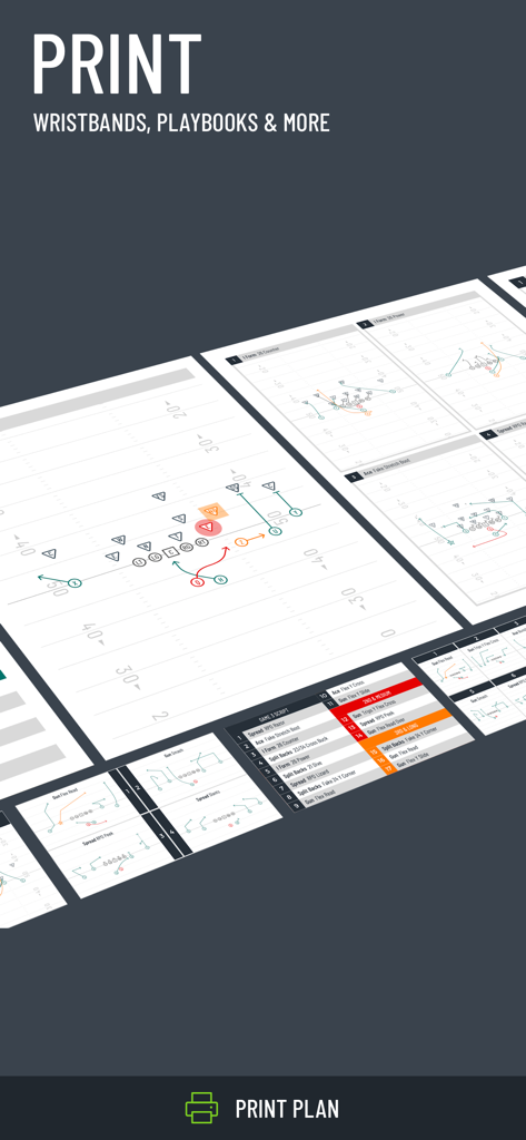 Tackle Football Playmaker X - A display of printable football playbooks and wristband inserts for coaches.