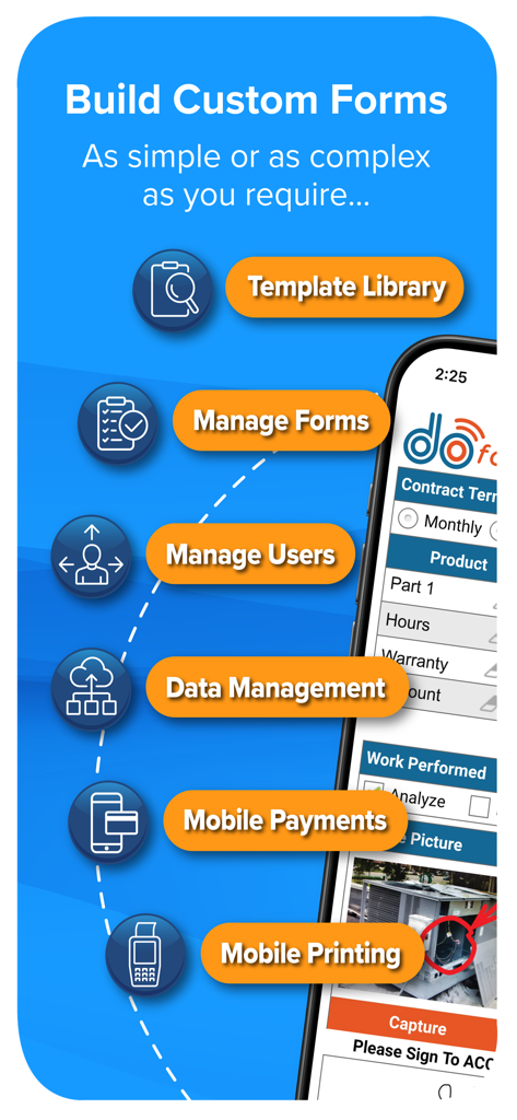 doForms Mobile Data Platform - doForms app screenshot showing features for building custom forms, managing users, and processing mobile payments.