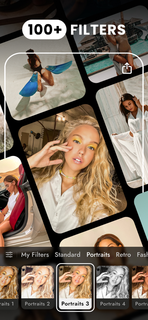 Video Filters Photo Editor TON - Interface of the TON app showing a portrait being edited with various professional filters for social media content creators.