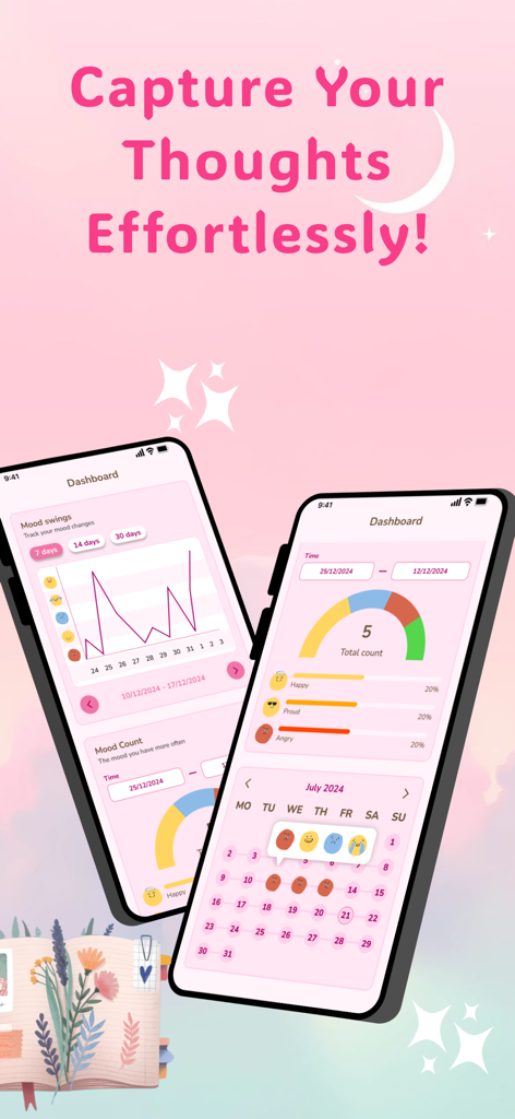 My Daily Diary - Mood Journal - 나의 하루 일기 앱 대시보드에는 기분 추적 차트와 기분 이모티콘이 있는 월간 달력이 있습니다.