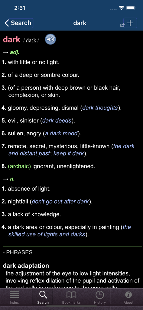 Screenshot of the Australian Oxford Dictionary app showing the definition and pronunciation of the word dark
