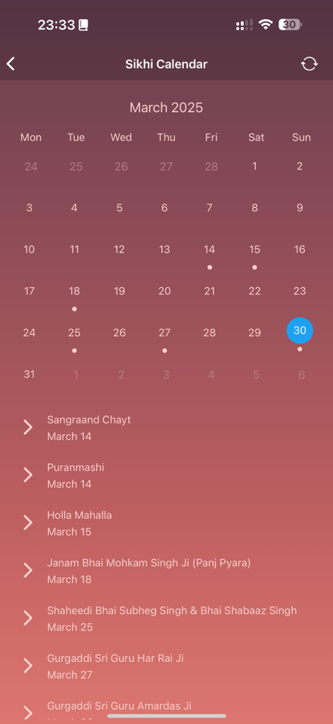Captura de tela do aplicativo MySikhi mostrando o Calendário Sikh para Março de 2025 com uma lista de eventos religiosos e Gurpurabs