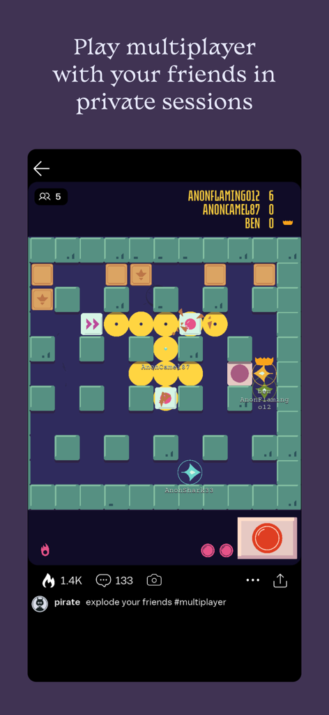 Castle - Make and Play - Castleアプリでのプライベートマルチプレイヤーゲームセッション。2D迷路ゲームとプレイヤーランキングが表示されています。