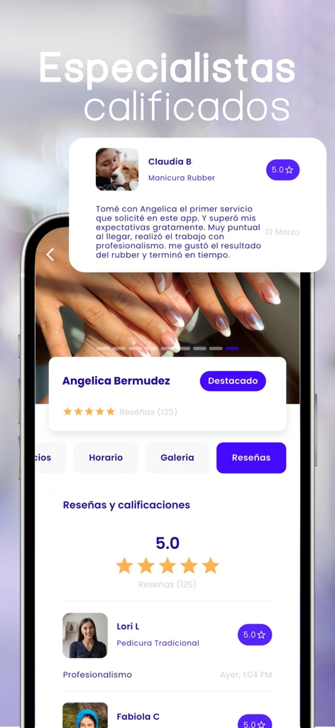Tela do celular mostrando perfis de profissionais de beleza verificados com avaliações de clientes e classificações por estrelas no aplicativo Belity.