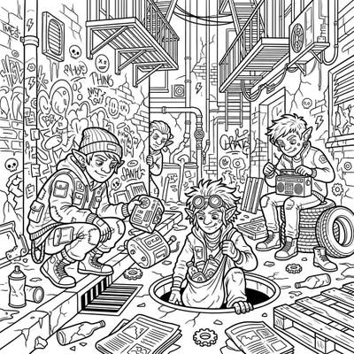 Step into the gritty, cool world of City Trolls with this exciting coloring page designed for teens. Unleash your creativity as you bring this urban alley scene to life with your favorite colors.