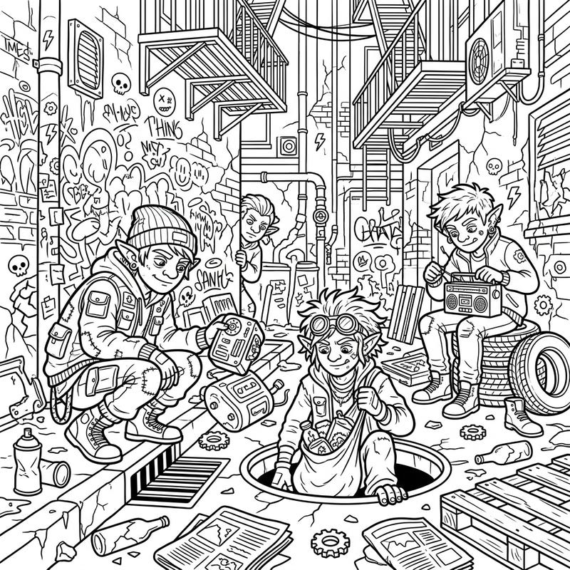 Step into the gritty, cool world of City Trolls with this exciting coloring page designed for teens. Unleash your creativity as you bring this urban alley scene to life with your favorite colors.