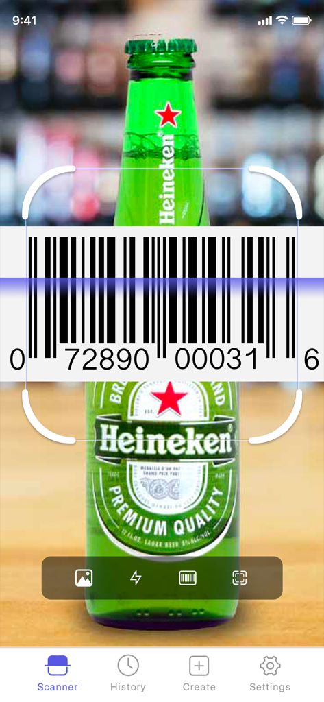 Barcode Scanner QR Code Reader - A mobile app scanning a barcode on a Heineken beer bottle to find product information and compare prices.