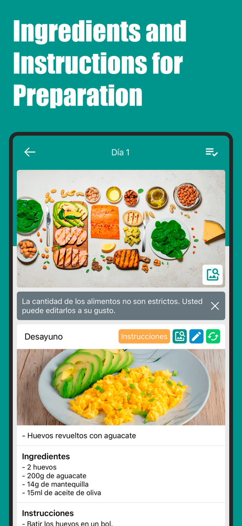 Pantalla de la aplicación Dieta Keto que muestra los ingredientes e instrucciones de preparación para un desayuno de huevos revueltos con aguacate.