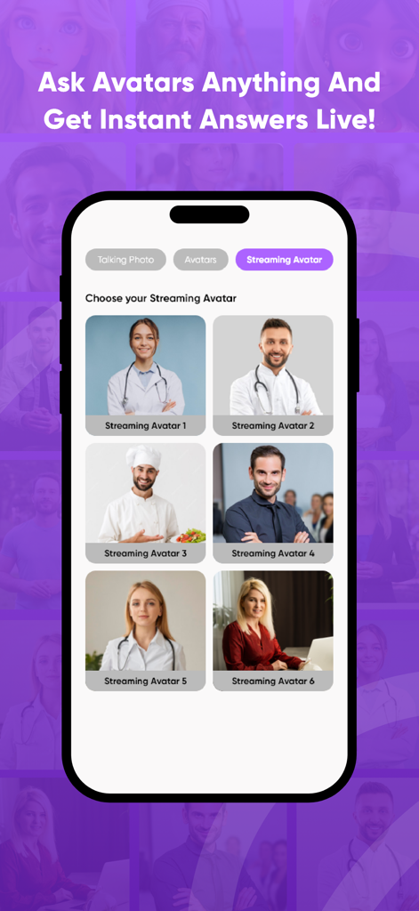 AI Avatar - Face Art Generator - Mobile app screen showing a selection of professional AI streaming avatars including doctors and chefs