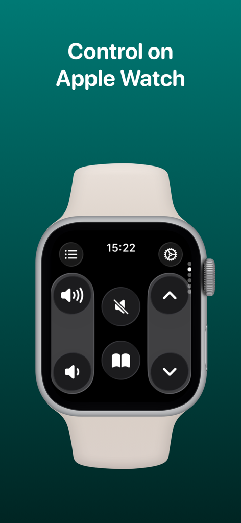 TV Remote - Universal Remote - Interface do aplicativo TV Remote exibida em um Apple Watch mostrando controles de volume e navegação