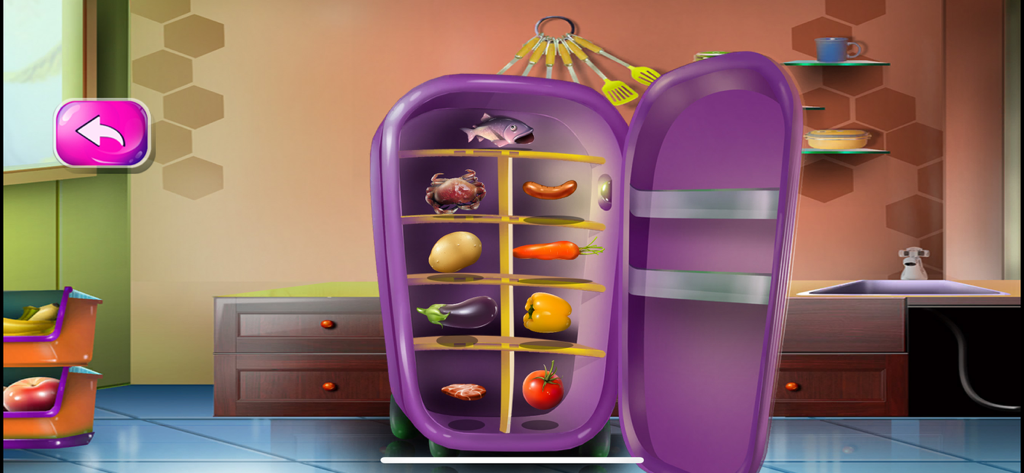 Cooking Chef: Master Kitchen - Un frigorifero viola aperto pieno di vari ingredienti alimentari come verdure e carne in una cucina cartone animato.