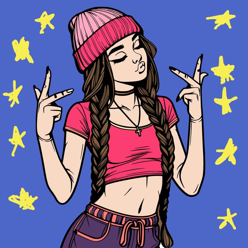 realistic teenage girl with braids and a beanie and crop top doing 🫶🏼