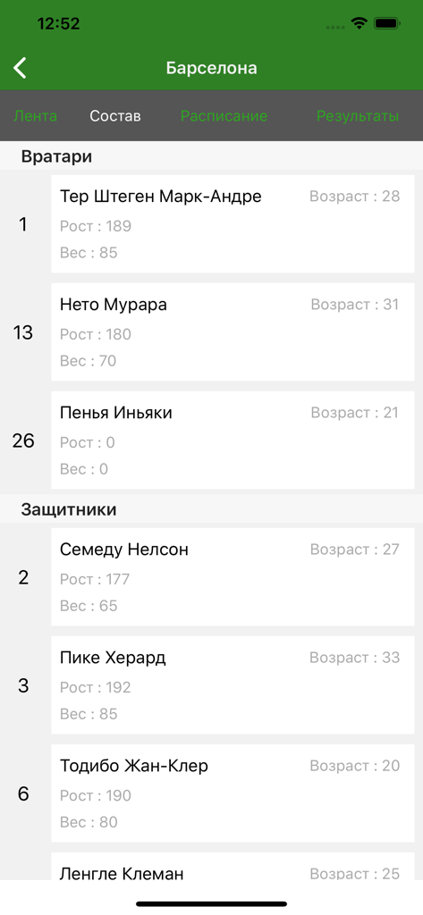Евро-Футбол.ру: новости футбол - Screenshot of the Barcelona football team squad list in the Euro-Football.ru app with player stats in Russian