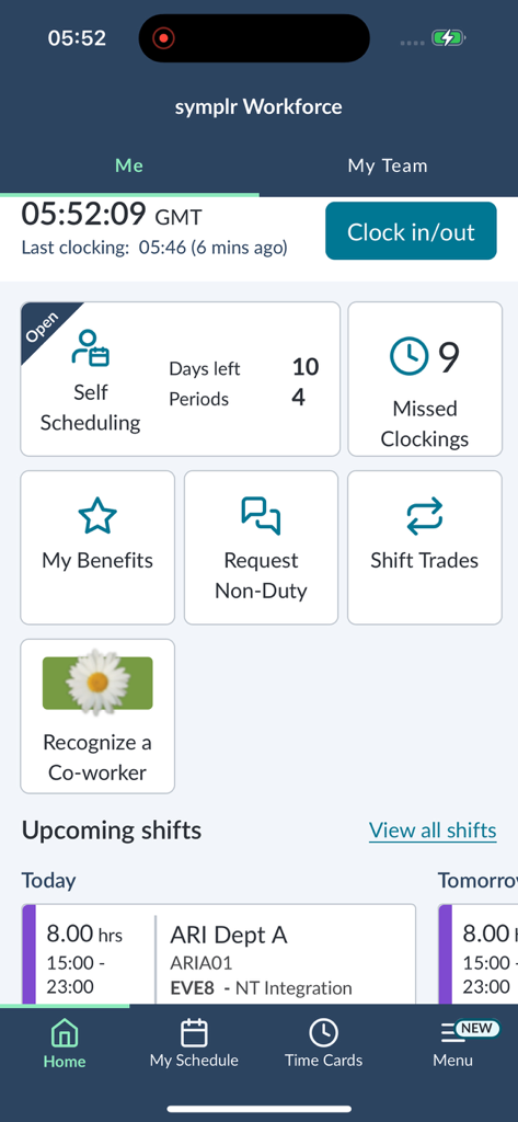 symplr Workforce - The home dashboard of the symplr Workforce app featuring a clock in out button, self-scheduling options, and upcoming shift details for healthcare professionals.