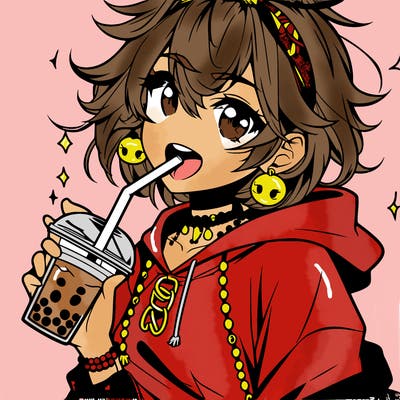 hot baddie anime girl drinking boba and biting the straw