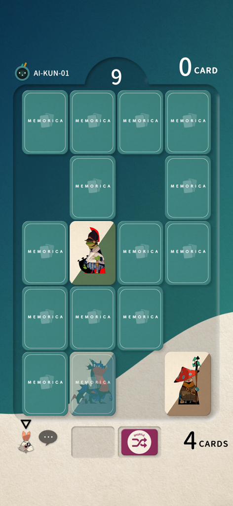 MEMORICA - A mobile gameplay screen of Memorica showing a concentration card board with character illustrations and a shuffle skill card button.