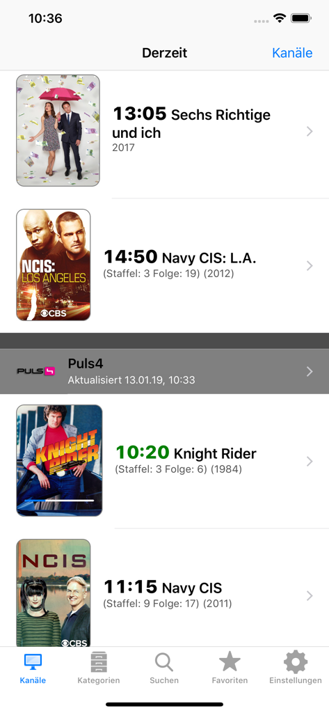 Screenshot of the German TV app displaying a list of current and upcoming television programs with titles and air times.